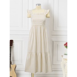Women Gingham Ruffle Square Collar Tiered Sleeveless Dress