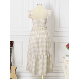 Women Gingham Ruffle Square Collar Tiered Sleeveless Dress