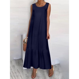 Casual Solid Color Ruffled Hem O-neck Pleated Long Maxi Tiered Dress