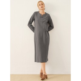 Solid Frog Button Notch Neck Long Sleeve Casual Dress Solid Frog Button Notch Neck Long Sleeve Casual Dress