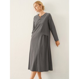 Solid Frog Button Notch Neck Long Sleeve Casual Dress Solid Frog Button Notch Neck Long Sleeve Casual Dress