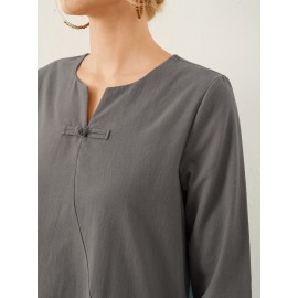 Solid Frog Button Notch Neck Long Sleeve Casual Dress Solid Frog Button Notch Neck Long Sleeve Casual Dress