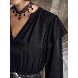 Solid V-neck Tiered 3/4 Sleeve Dress For Women