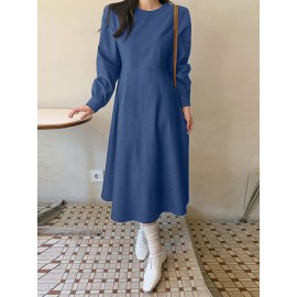 Solid Long Sleeve Casual A-line Denim Dress