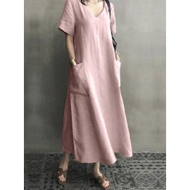 Vintage Short Sleeve V Neck Pockets Dress Vintage Short Sleeve V Neck Pockets Dress