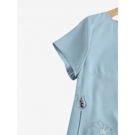 Women Floral Embroidered Crew Neck Casual Short Sleeve Dress