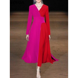 Contrast Long Sleeve A-line V-neck Dress For Women