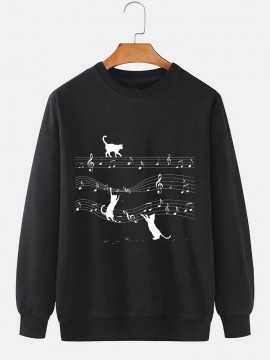 Mens Cat Music Note Print Crew Neck Pullover Sweatshirts