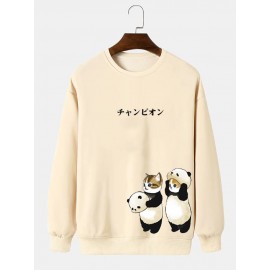 Mens Japanese Cartoon Panda Cat Print Crew Neck Pullover Sweatshirts