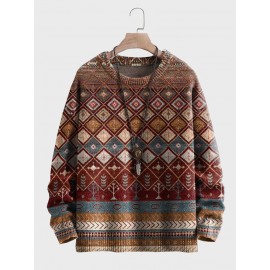Mens Vintage Ethnic Geometric Pattern Crew Neck Pullover Sweatshirts Winter