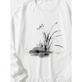 Mens Dragonfly Ink Painting Print Crew Neck Pullover Sweatshirts Winter