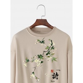 Mens Chinese Style Floral Print Crew Neck Pullover Sweatshirts Winter
