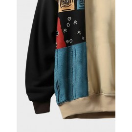 Mens Ethnic Tribal Letter Print Patchwork Crew Neck Pullover Sweatshirts Winter