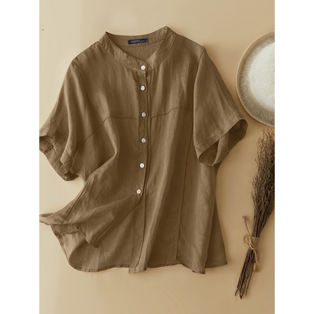 Women Solid Stand Collar Button Up Cotton Short Sleeve Shirt Women Solid Stand Collar Button Up Cotton Short Sleeve Shirt