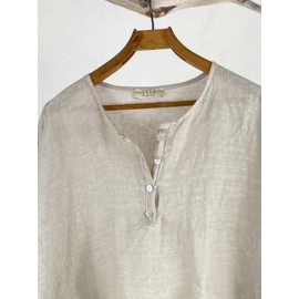 Women Solid Quarter Button High-Low Hem Cotton Blouse Women Solid Quarter Button High-Low Hem Cotton Blouse