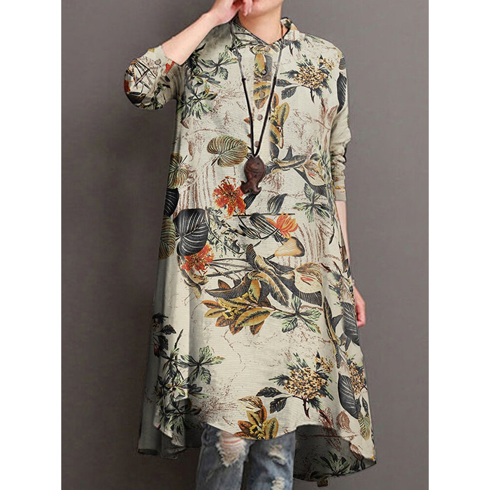 Casual Floral Print Stand Collar Long Sleeve Cotton Blouse Casual Floral Print Stand Collar Long Sleeve Cotton Blouse