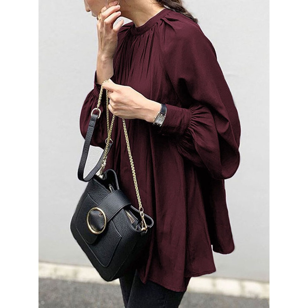 Solid Color Puff Sleeve Stand Collar Blouse Solid Color Puff Sleeve Stand Collar Blouse