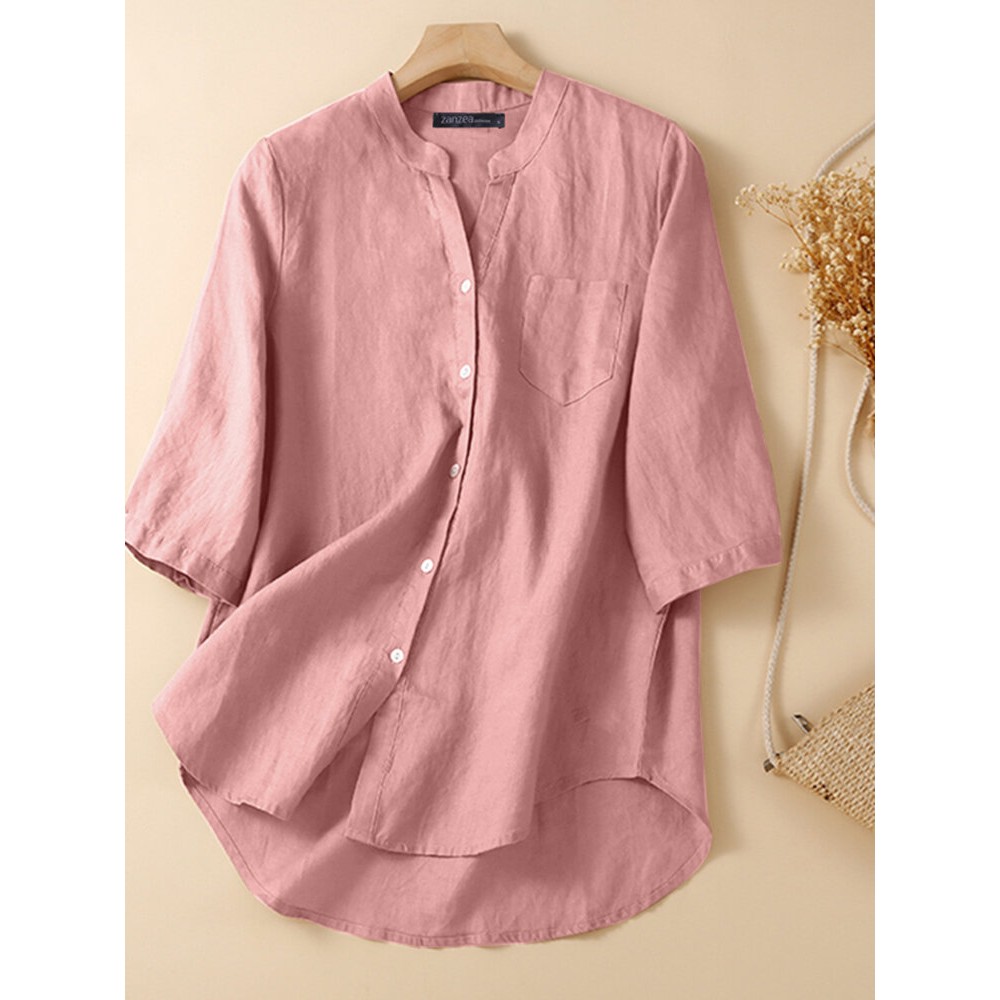 Women Plain Stand Collar Chest Pocket Cotton 3/4 Sleeve Shirt Women Plain Stand Collar Chest Pocket Cotton 3/4 Sleeve Shirt