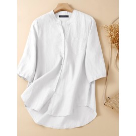 Women Plain Stand Collar Chest Pocket Cotton 3/4 Sleeve Shirt Women Plain Stand Collar Chest Pocket Cotton 3/4 Sleeve Shirt