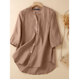 Women Plain Stand Collar Chest Pocket Cotton 3/4 Sleeve Shirt Women Plain Stand Collar Chest Pocket Cotton 3/4 Sleeve Shirt