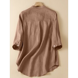Women Plain Stand Collar Chest Pocket Cotton 3/4 Sleeve Shirt Women Plain Stand Collar Chest Pocket Cotton 3/4 Sleeve Shirt