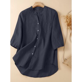 Women Plain Stand Collar Chest Pocket Cotton 3/4 Sleeve Shirt Women Plain Stand Collar Chest Pocket Cotton 3/4 Sleeve Shirt