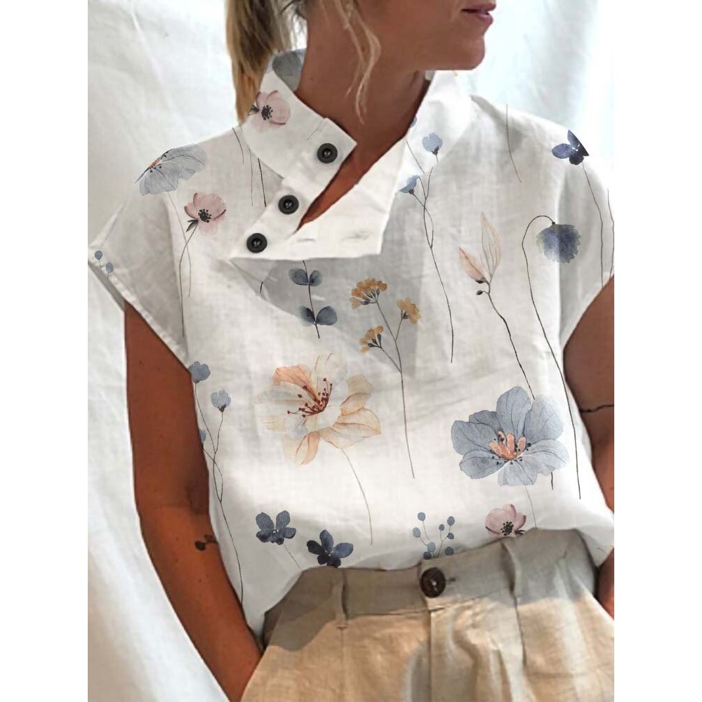Women Floral Print Button Neck Design Short Sleeve Blouse Women Floral Print Button Neck Design Short Sleeve Blouse