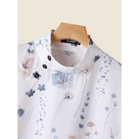 Women Floral Print Button Neck Design Short Sleeve Blouse Women Floral Print Button Neck Design Short Sleeve Blouse
