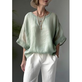 Women Solid Crew Neck Cotton Drop Shoulder Loose Blouse Women Solid Crew Neck Cotton Drop Shoulder Loose Blouse