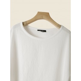 Women Solid Crew Neck Cotton Drop Shoulder Loose Blouse Women Solid Crew Neck Cotton Drop Shoulder Loose Blouse
