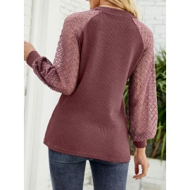 Women Lace Patchwork Knit Notched Neck Long Sleeve Blouse Women Lace Patchwork Knit Notched Neck Long Sleeve Blouse