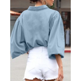 Women Solid Lapel Flap Pocket Long Sleeve Denim Shirt