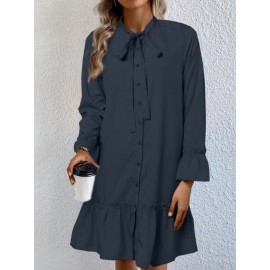 Women Ruffle Trim Tie Neck Plain Long Sleeve Shirt Women Ruffle Trim Tie Neck Plain Long Sleeve Shirt