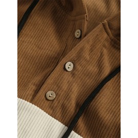 Mens Smile Embroidered Color Block Patchwork Quarter Button Corduroy Hoodies Winter Mens Smile Embroidered Color Block Patchwork Quarter Button Corduroy Hoodies Winter