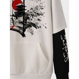 Mens Japanese Landscape Print Contrast Patchwork Drawstring Hoodies Winter Mens Japanese Landscape Print Contrast Patchwork Drawstring Hoodies Winter